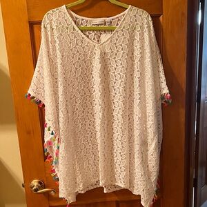 Susan Graver White Lace beach coverup with Colorful Tassels